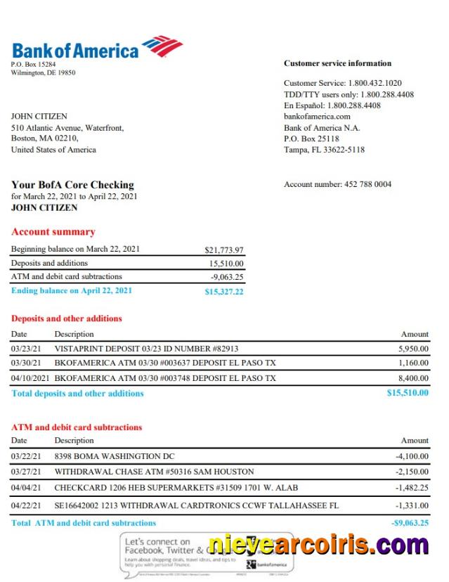 USA Bank of America bank statement in Excel and PDF format, version 4